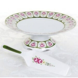 Sorrel Porcelain Cake Stand Server Set English Rose Pedestal Roses New Box Vtg